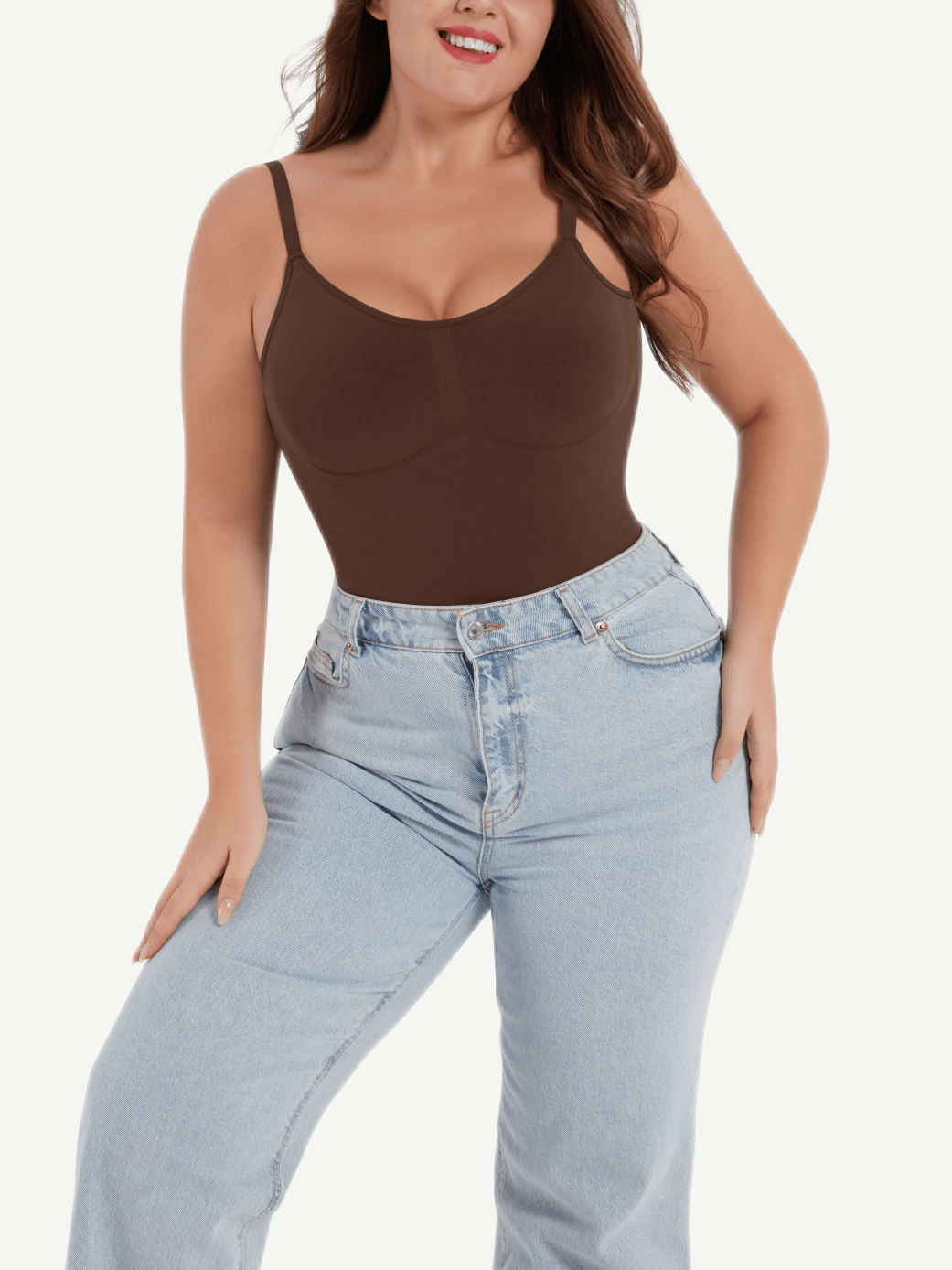 Seamless Cover-Breast Open-Back Thong Bodysuit Dark Brown 2