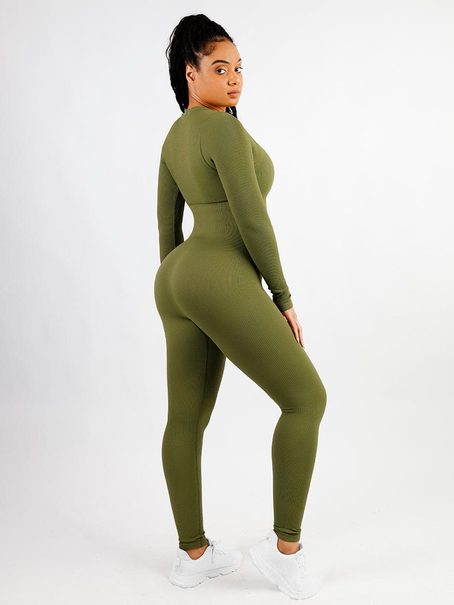 Deep V-Neck Ribbed Tummy Control Jumpsuit Light Green 2