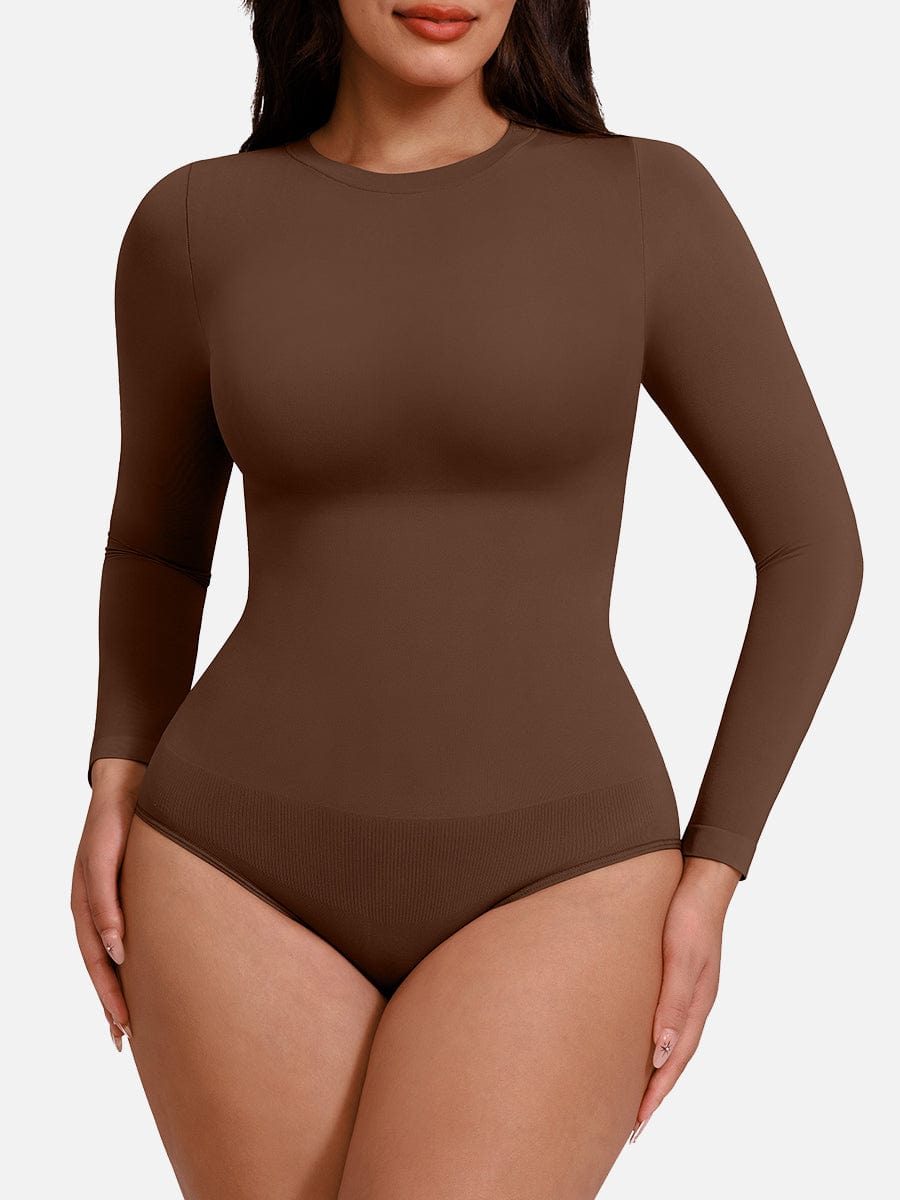 Long Sleeve Tummy Control Bodysuit Dark Brown 1
