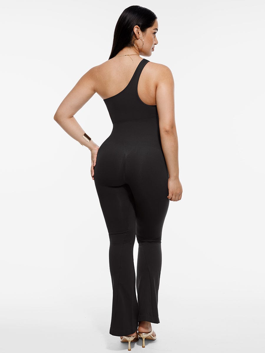 Seamless Sloped Shoulder Flared Leg Jumpsuit Black 2