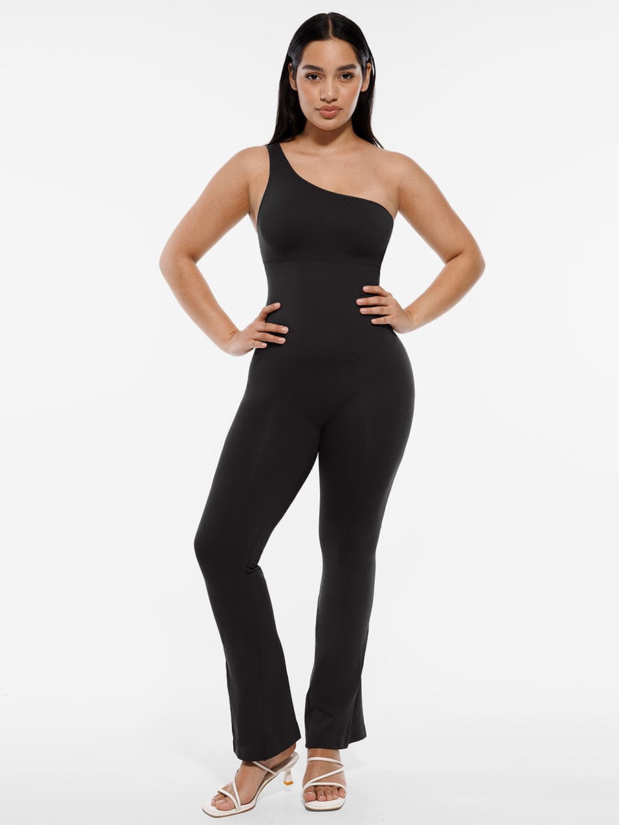 Seamless Sloped Shoulder Flared Leg Jumpsuit Black 1