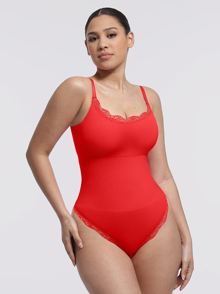 Seamless Lace Cami Tummy Control Thong Bodysuit Red 1