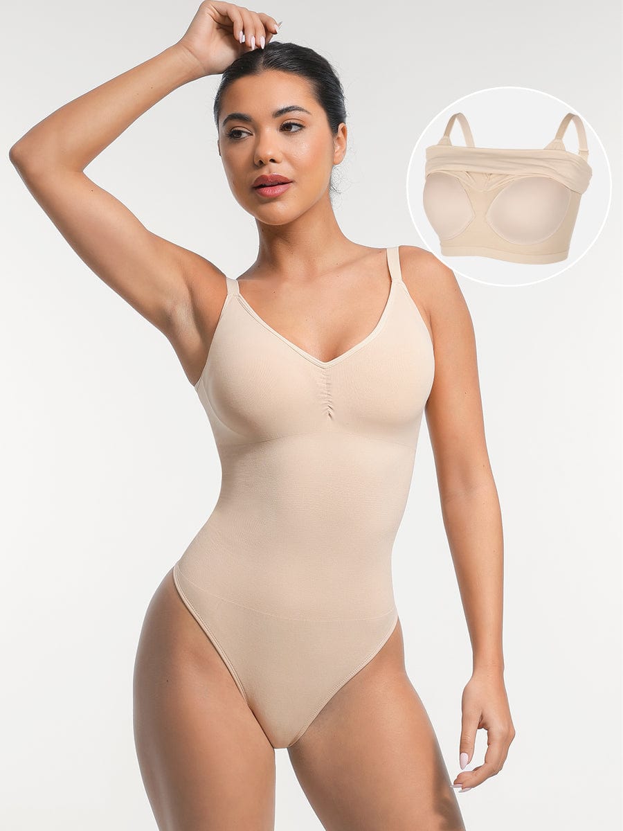 Seamless Built-In Bra Tummy Control Thong Bodysuit Black 1