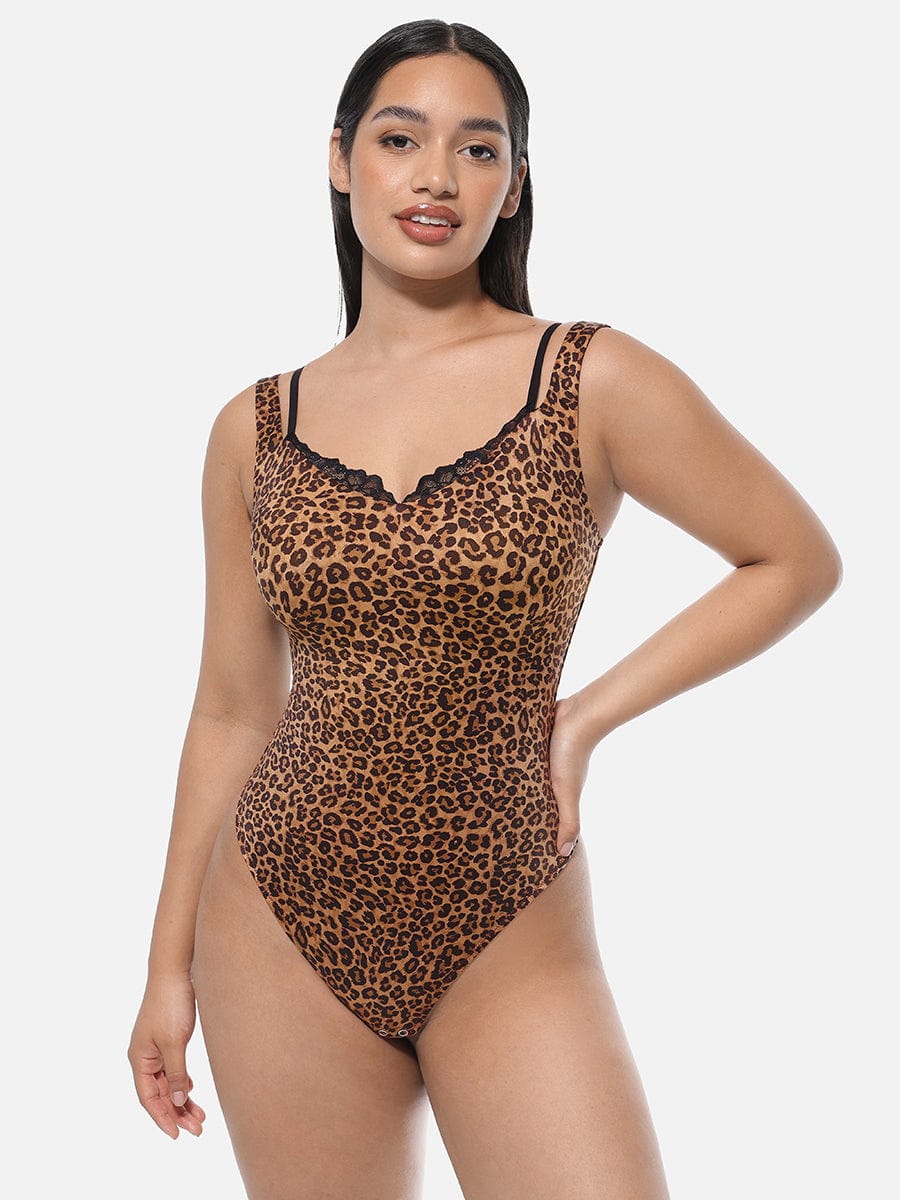 Lace V-Neck Shaping Thong Bodysuit Black 1