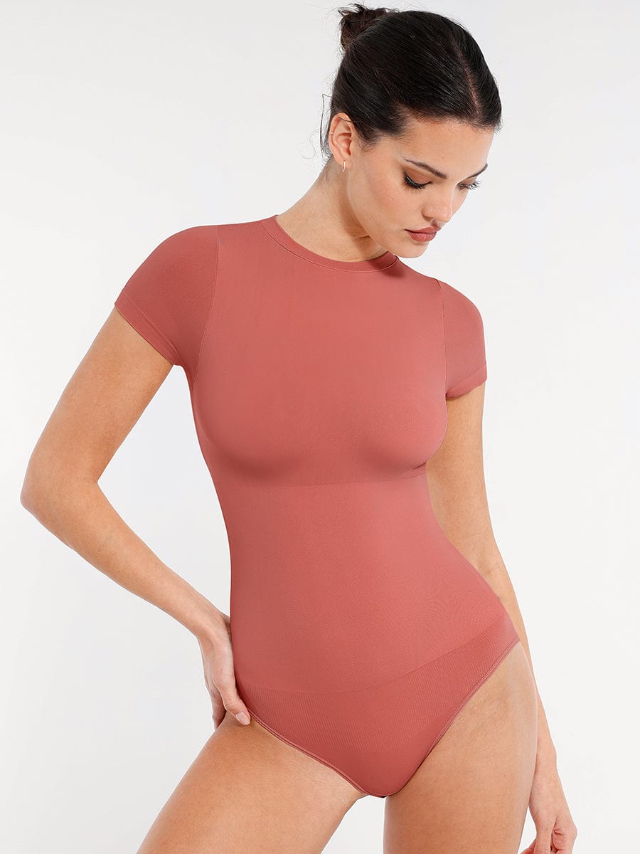 Seamless Short Sleeve Waist Shaping Bodysuit Dark Pink 1
