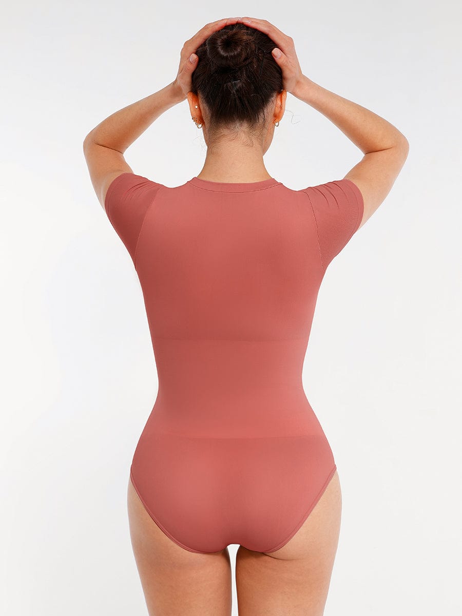 Seamless Short Sleeve Waist Shaping Bodysuit Dark Pink 2