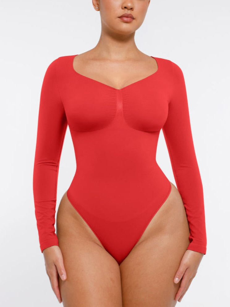 Seamless Long Sleeve Diamond Neck Thong Bodysuit Red 1