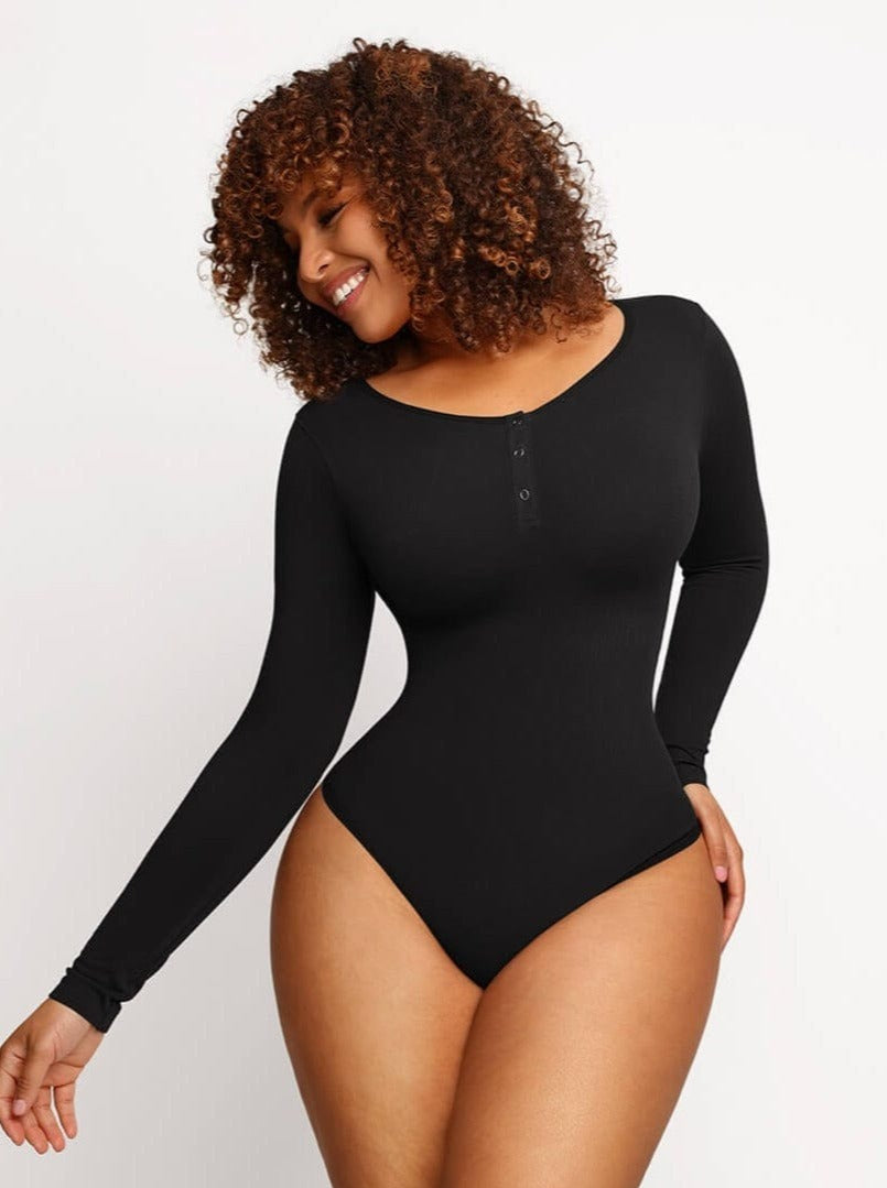 Seamless Outer Long Sleeve Thong Bodysuit Dark Brown 1
