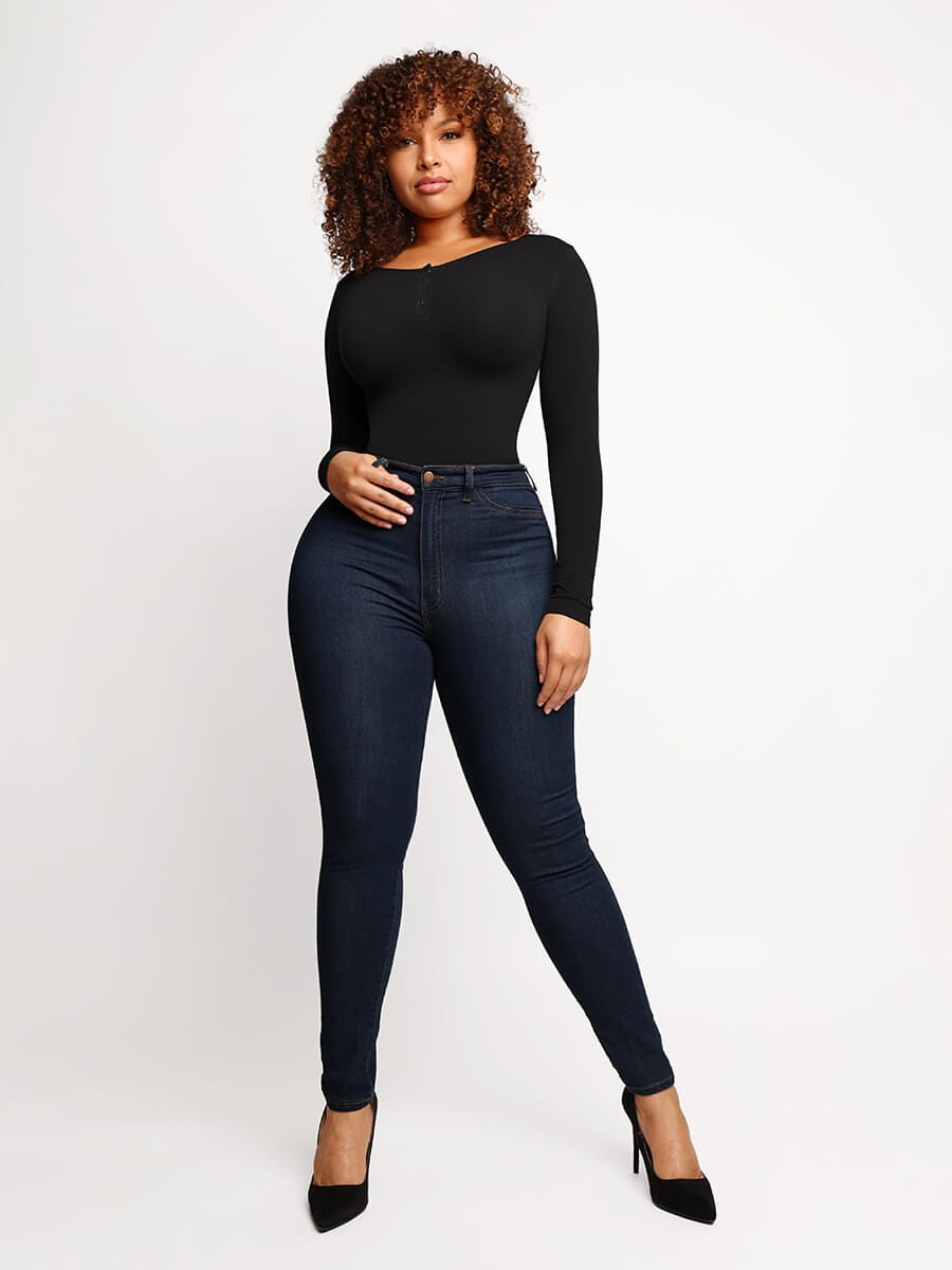 Seamless Outer Long Sleeve Thong Bodysuit Dark Brown 2