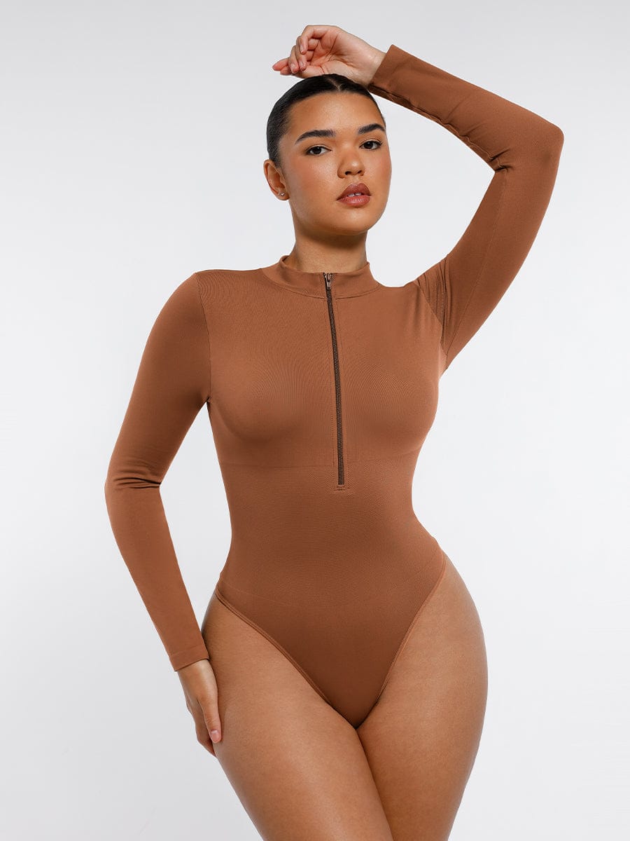 Seamless Long Sleeve Zip-Up Thong Bodysuit Black 1