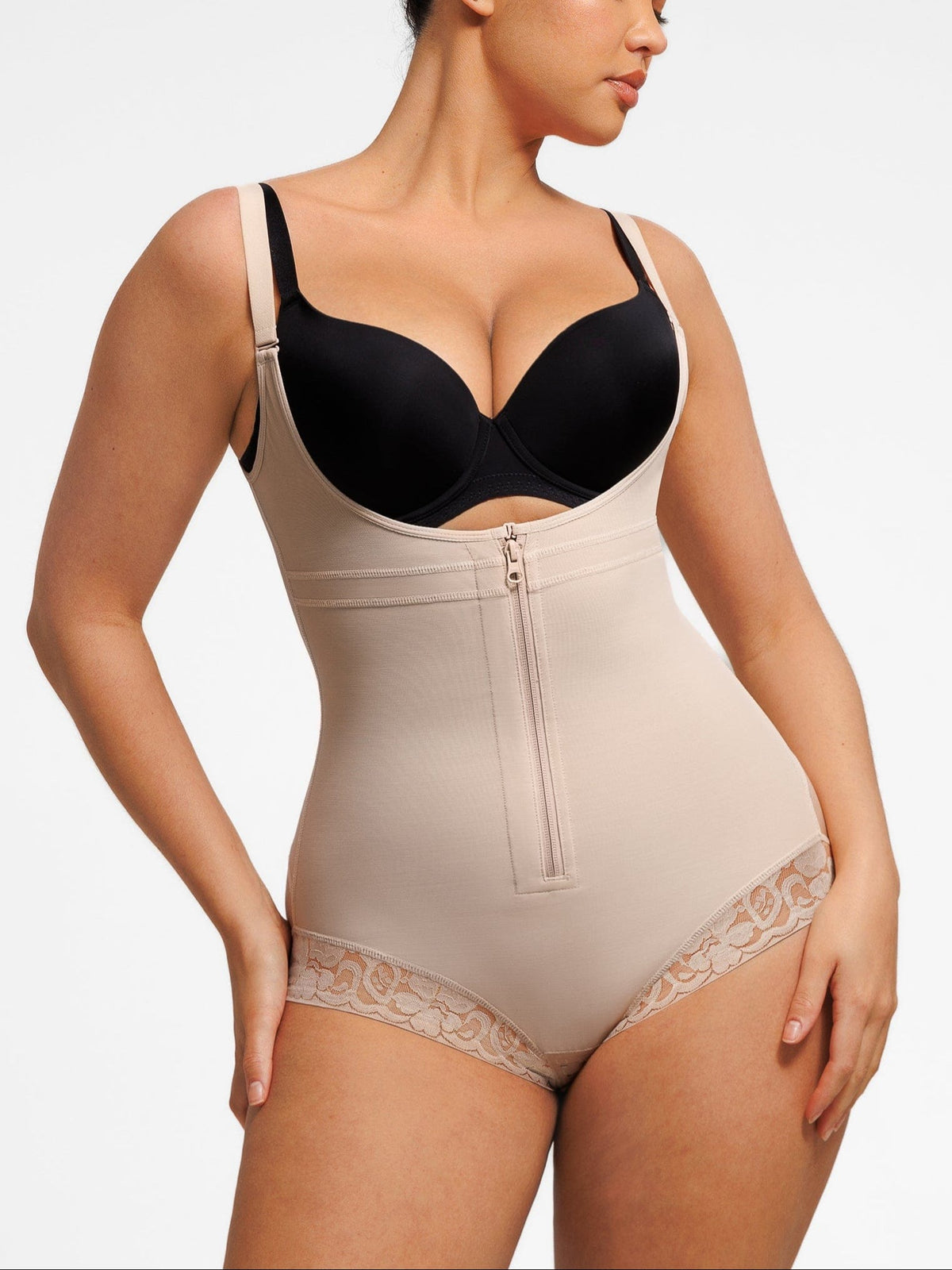 U-Shaped Bust Lifting Front Zip Lace Shapewear Black 1