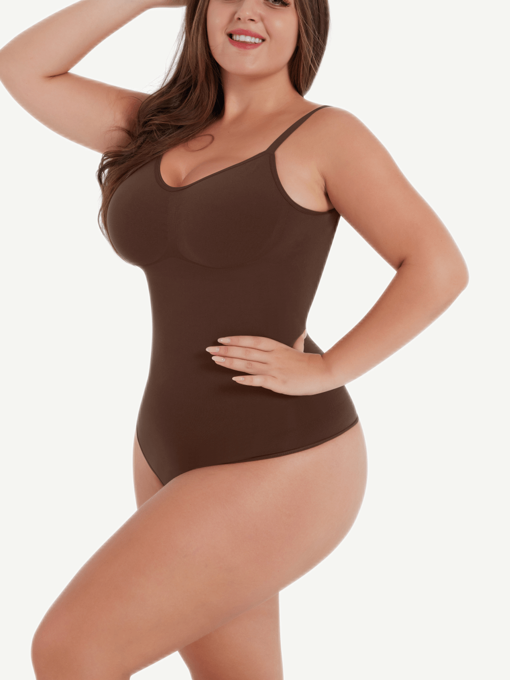 Seamless Cover-Breast Open-Back Thong Bodysuit Dark Brown 3