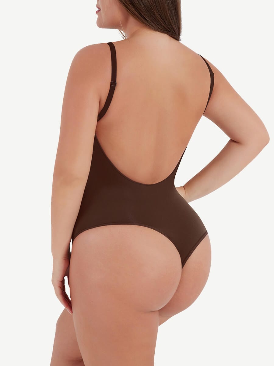 Seamless Cover-Breast Open-Back Thong Bodysuit Dark Brown 4