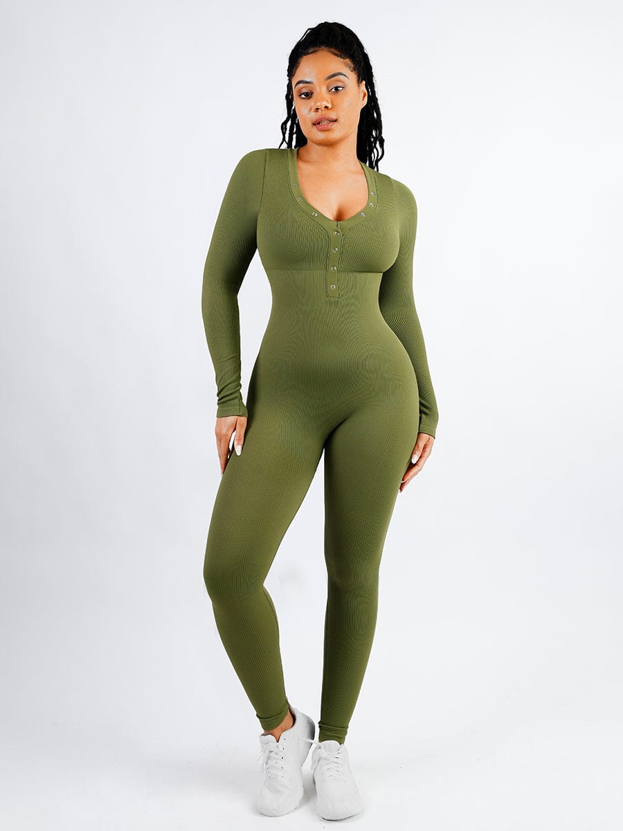 Deep V-Neck Ribbed Tummy Control Jumpsuit Light Green 1