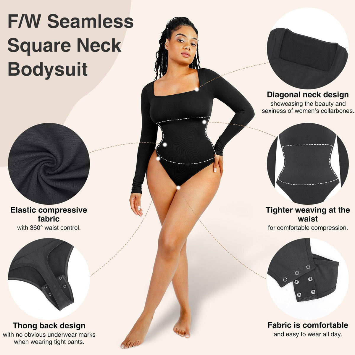 Eco-Friendly Square Neck Long Sleeve Waist Control Bodysuit 17