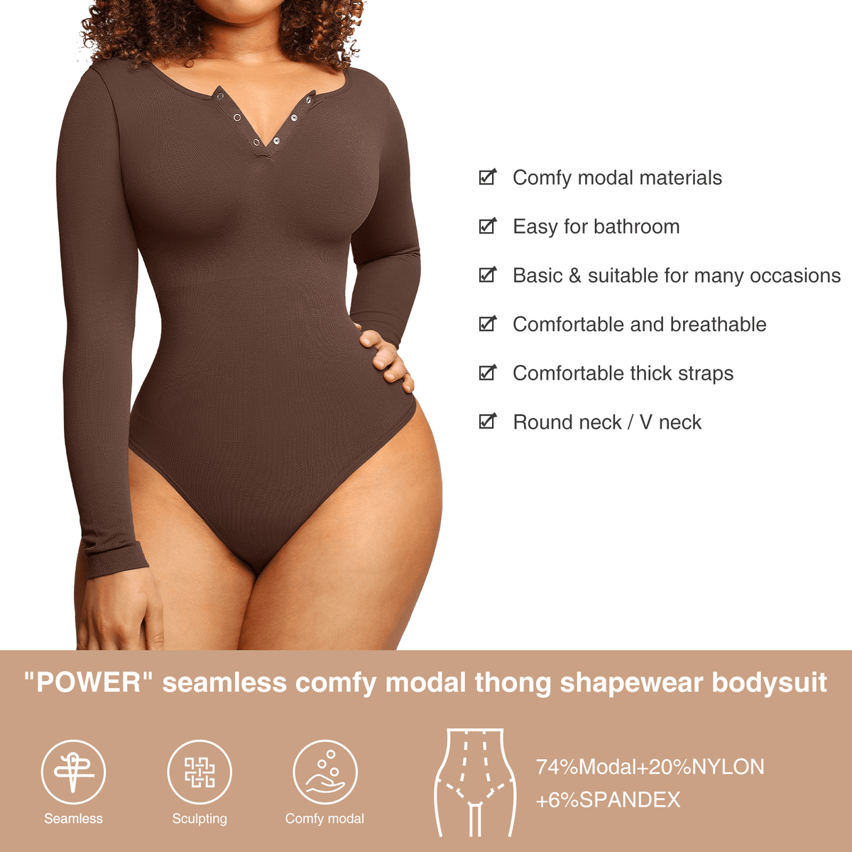 Seamless Outer Long Sleeve Thong Bodysuit 26