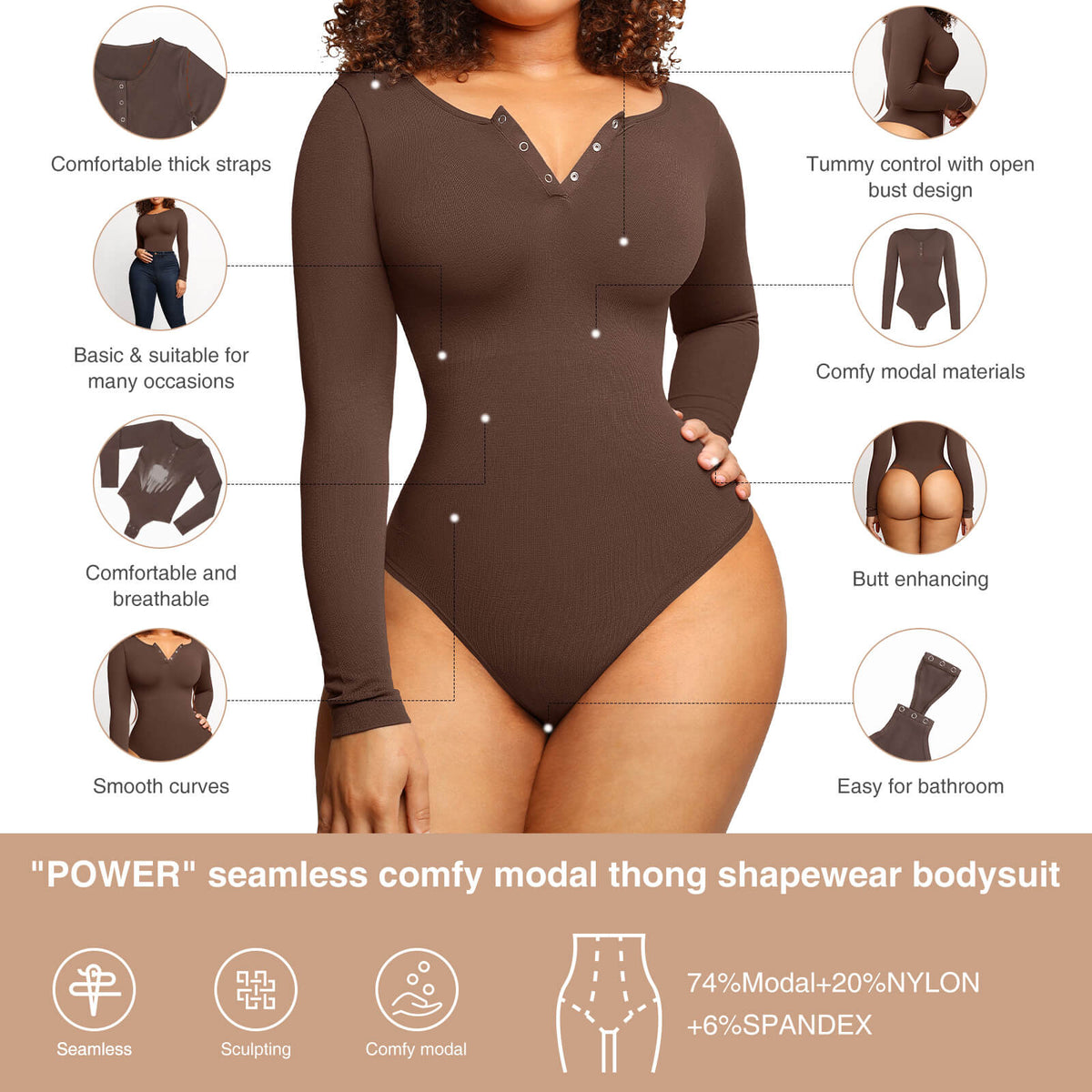 Seamless Outer Long Sleeve Thong Bodysuit 21