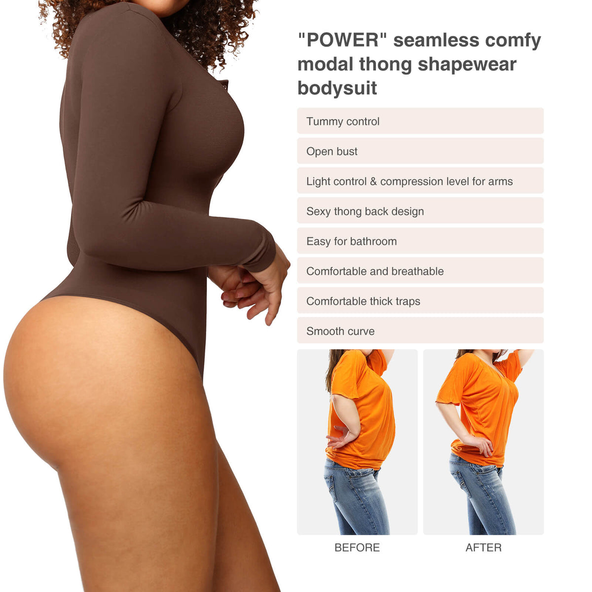 Seamless Outer Long Sleeve Thong Bodysuit 24