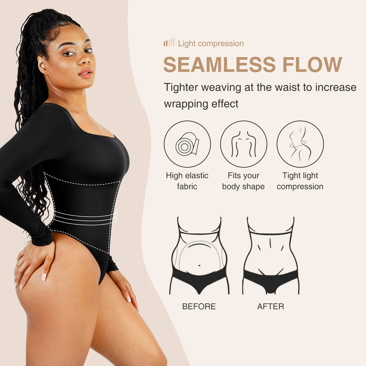 Eco-Friendly Square Neck Long Sleeve Waist Control Bodysuit 18