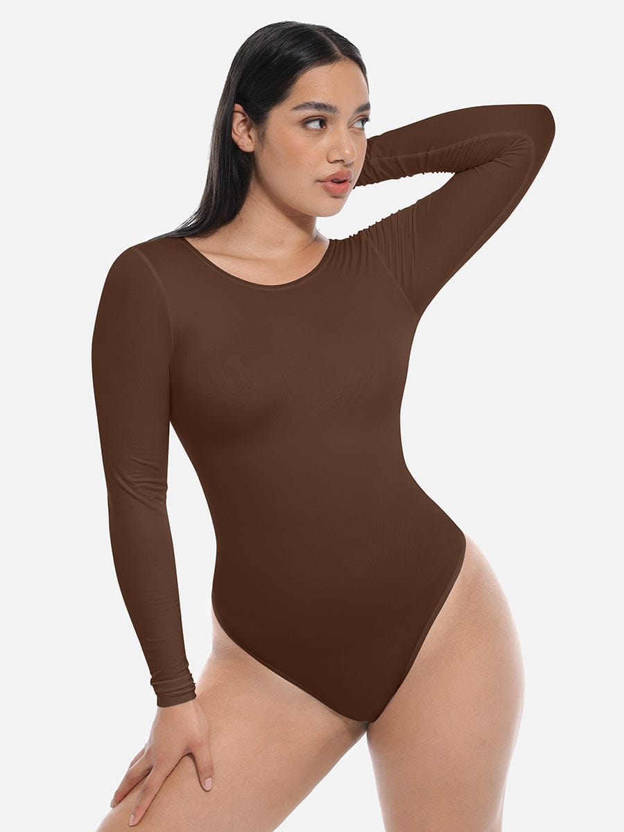 Seamless Long Sleeve Slim Corset Bodysuit Dark Brown 1