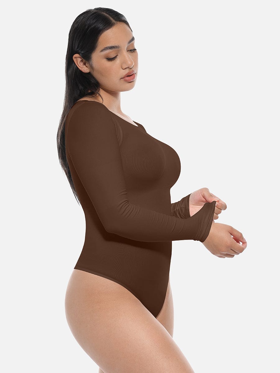 Seamless Long Sleeve Slim Corset Bodysuit Dark Brown 2