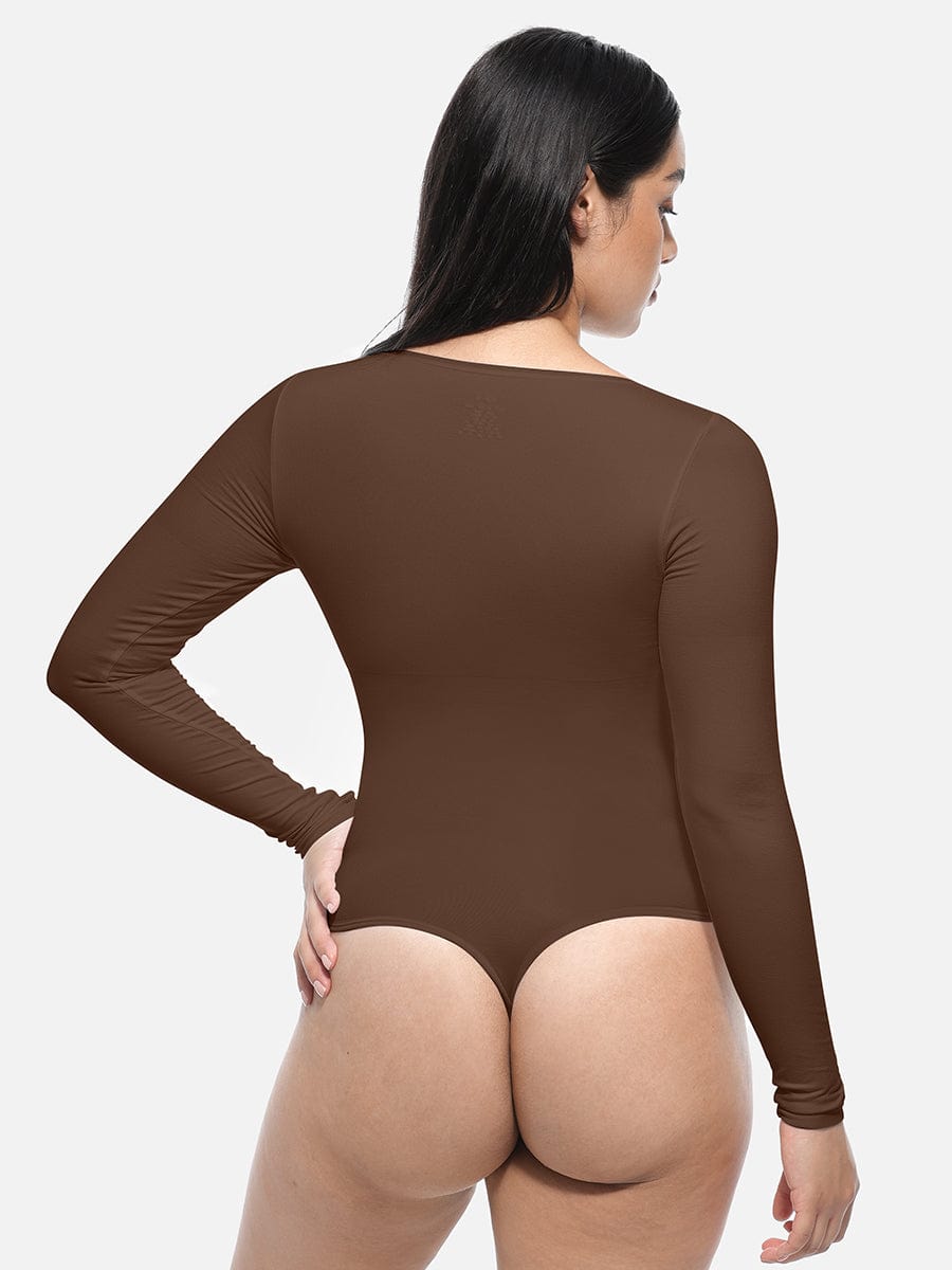 Seamless Long Sleeve Slim Corset Bodysuit Dark Brown 3