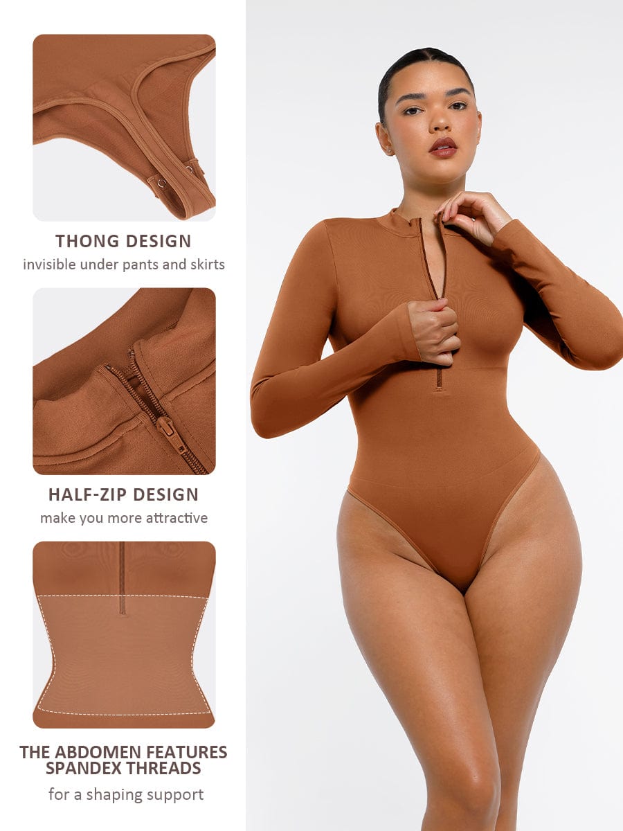 Seamless Long Sleeve Zip-Up Thong Bodysuit 33