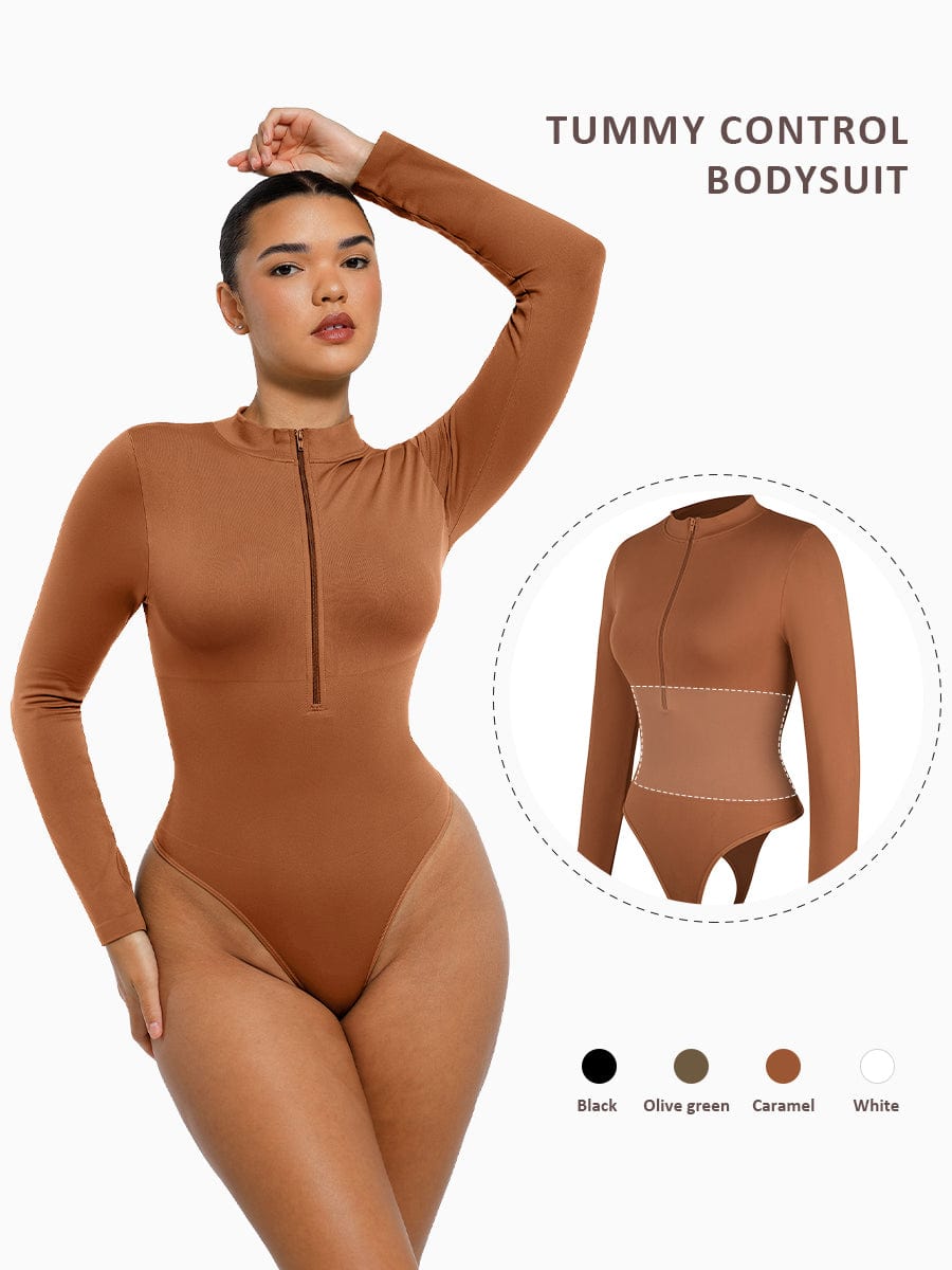 Seamless Long Sleeve Zip-Up Thong Bodysuit 32