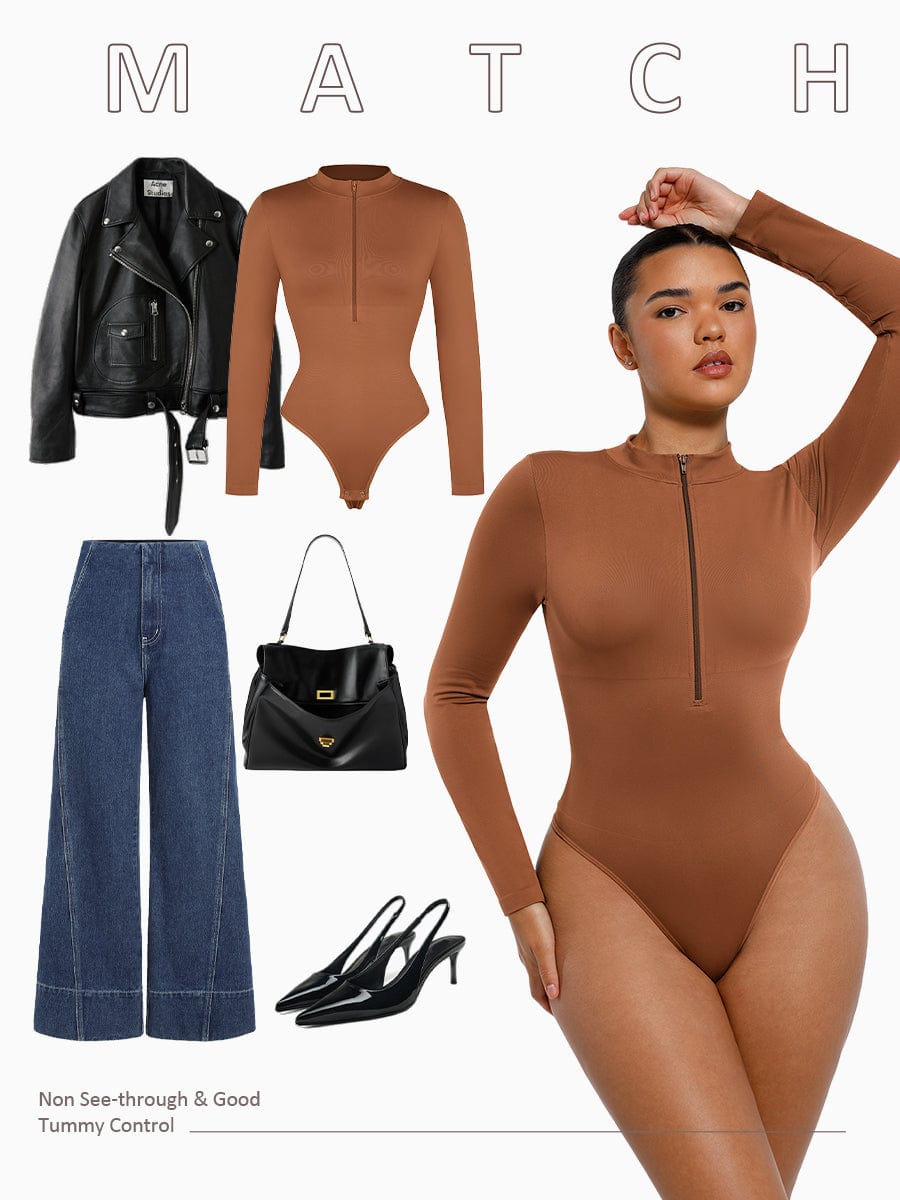 Seamless Long Sleeve Zip-Up Thong Bodysuit 34