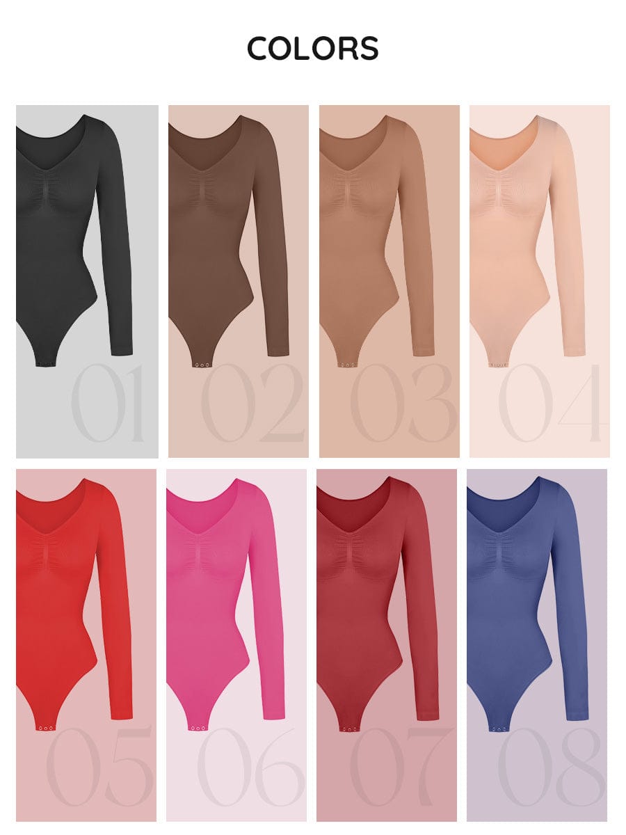 Seamless Long Sleeve Diamond Neck Thong Bodysuit 33