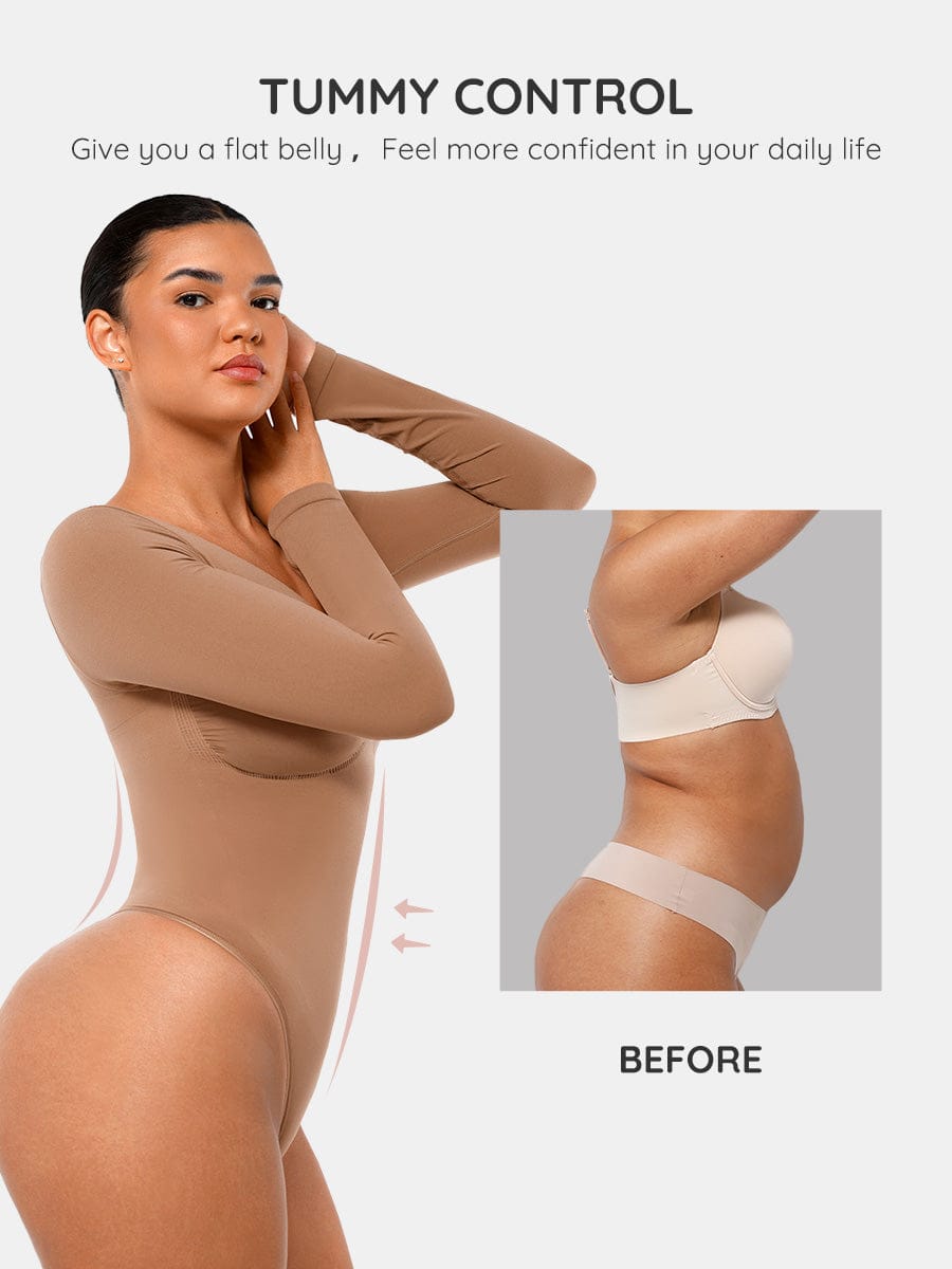 Seamless Long Sleeve Diamond Neck Thong Bodysuit 32