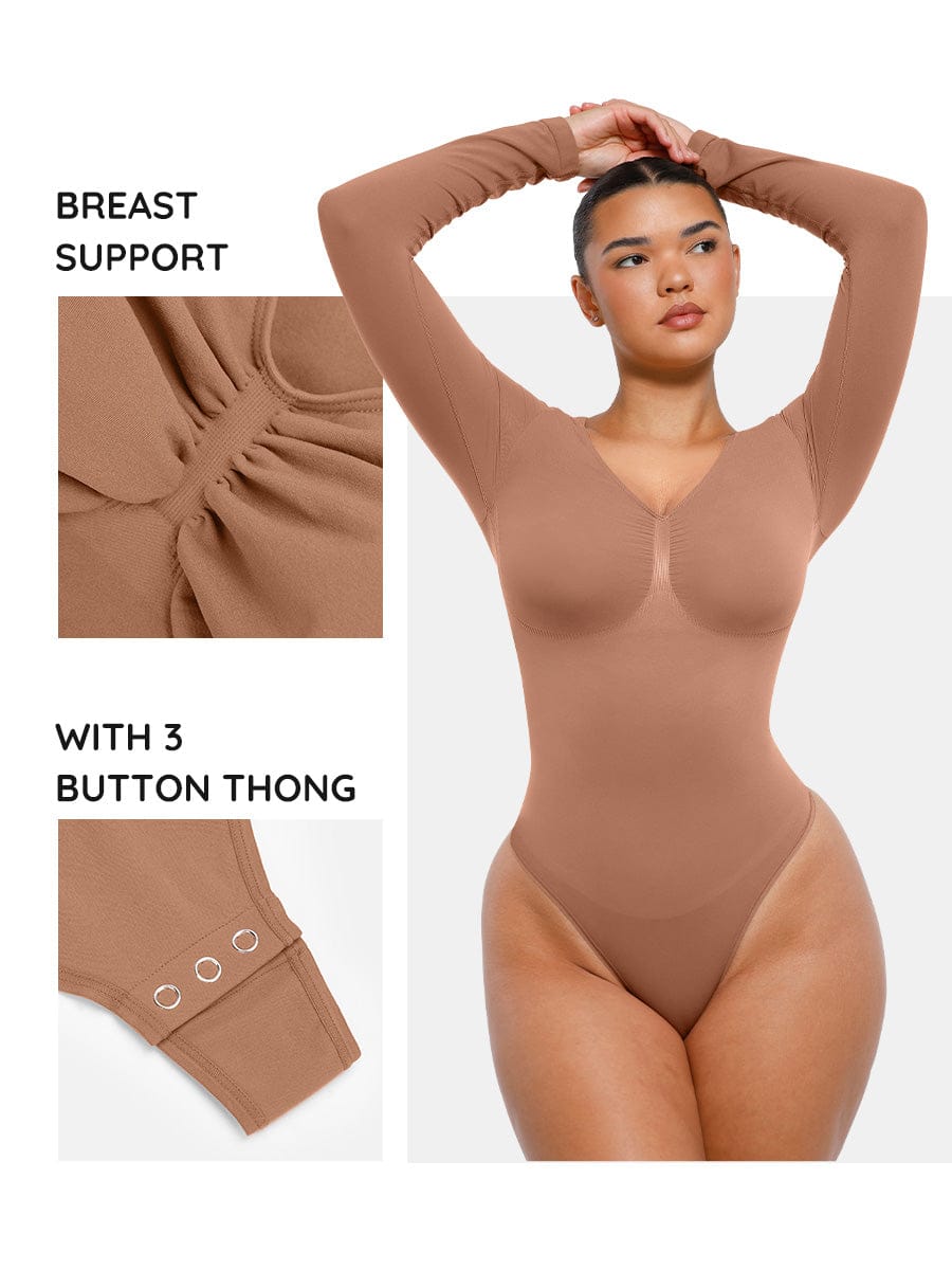 Seamless Long Sleeve Diamond Neck Thong Bodysuit 30