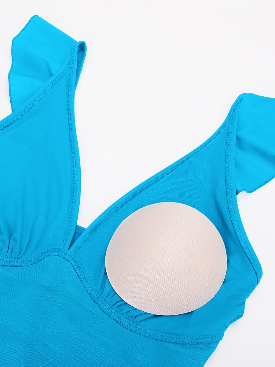 Ruffled V-Neck Lace-Up One-Piece Swimsuit Blue 4