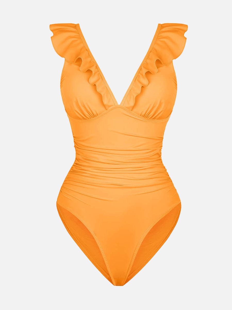 Ruffled V-Neck Lace-Up One-Piece Swimsuit Orange 5