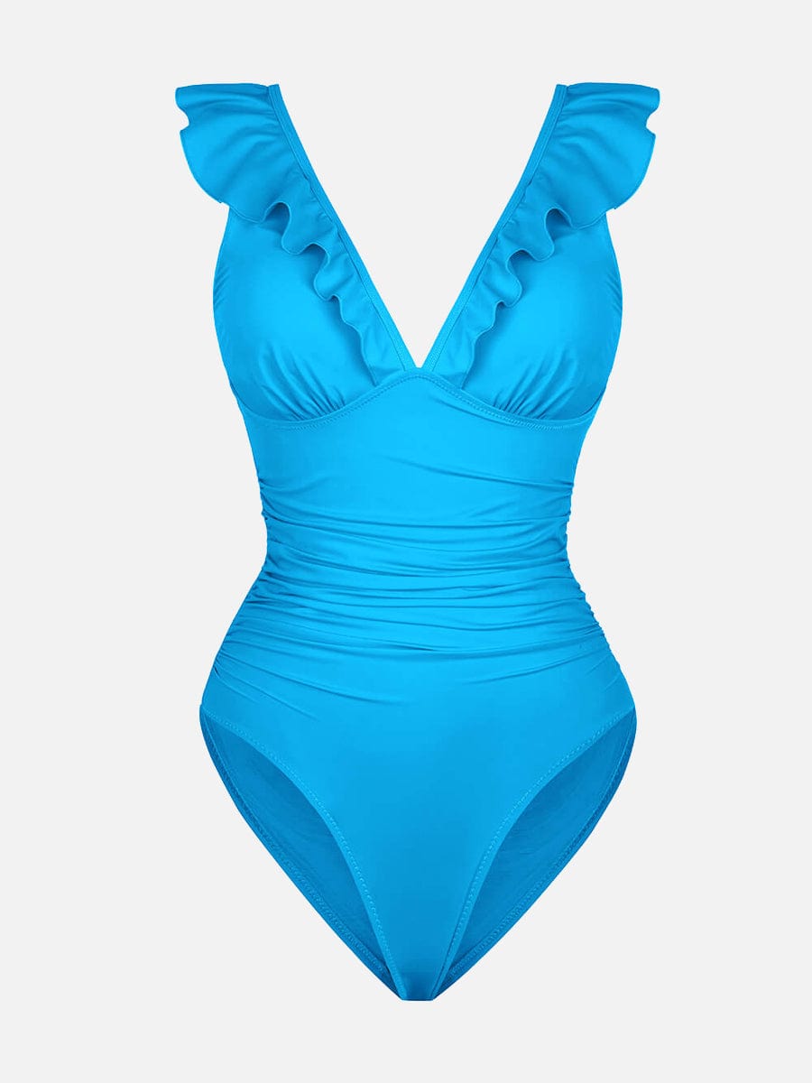 Ruffled V-Neck Lace-Up One-Piece Swimsuit Blue 1