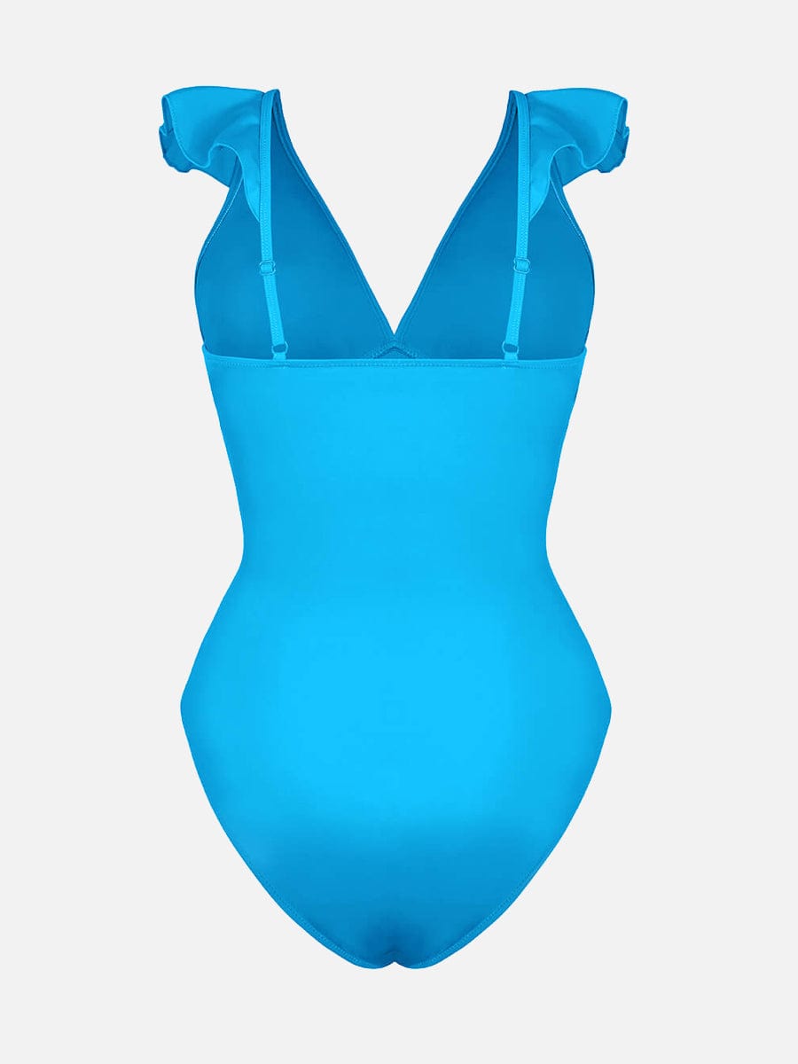 Ruffled V-Neck Lace-Up One-Piece Swimsuit Blue 2