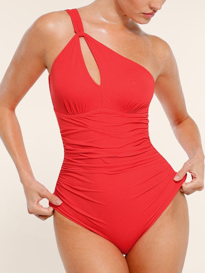 One-Shoulder Ruched One-Piece Swimsuit Orange 1