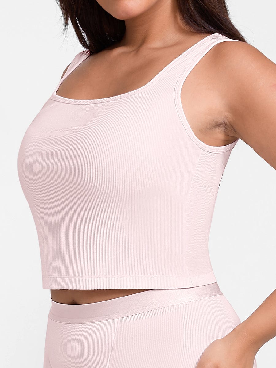 Ribbed Scoop Neck Tank Top Pink 2