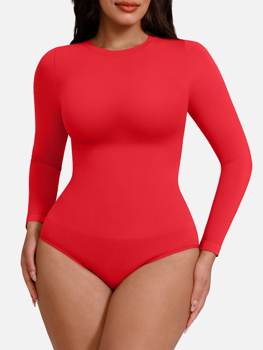 Long Sleeve Tummy Control Bodysuit Red 3