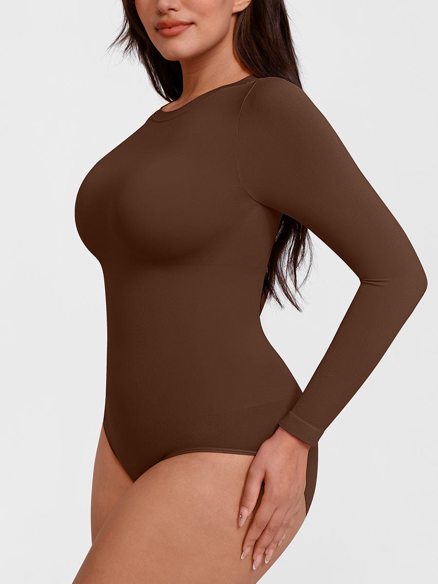 Long Sleeve Tummy Control Bodysuit Dark Brown 3