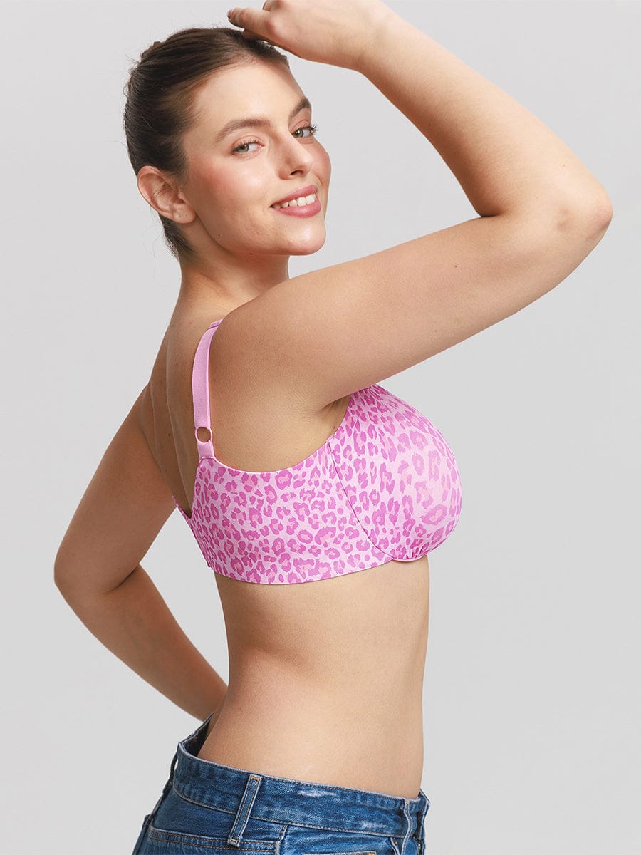 Unpadded Underwire Deep V-Neck Side Support Bra Leopard Pink 2