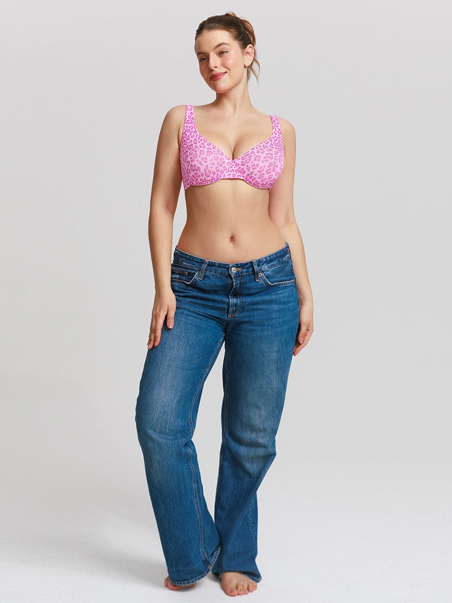 Unpadded Underwire Deep V-Neck Side Support Bra Leopard Pink 5