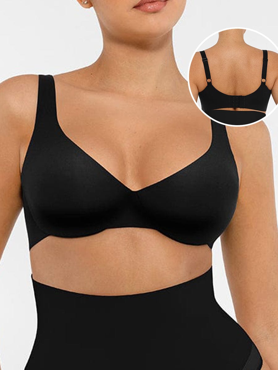 Unpadded Underwire Deep V-Neck Side Support Bra Black 3