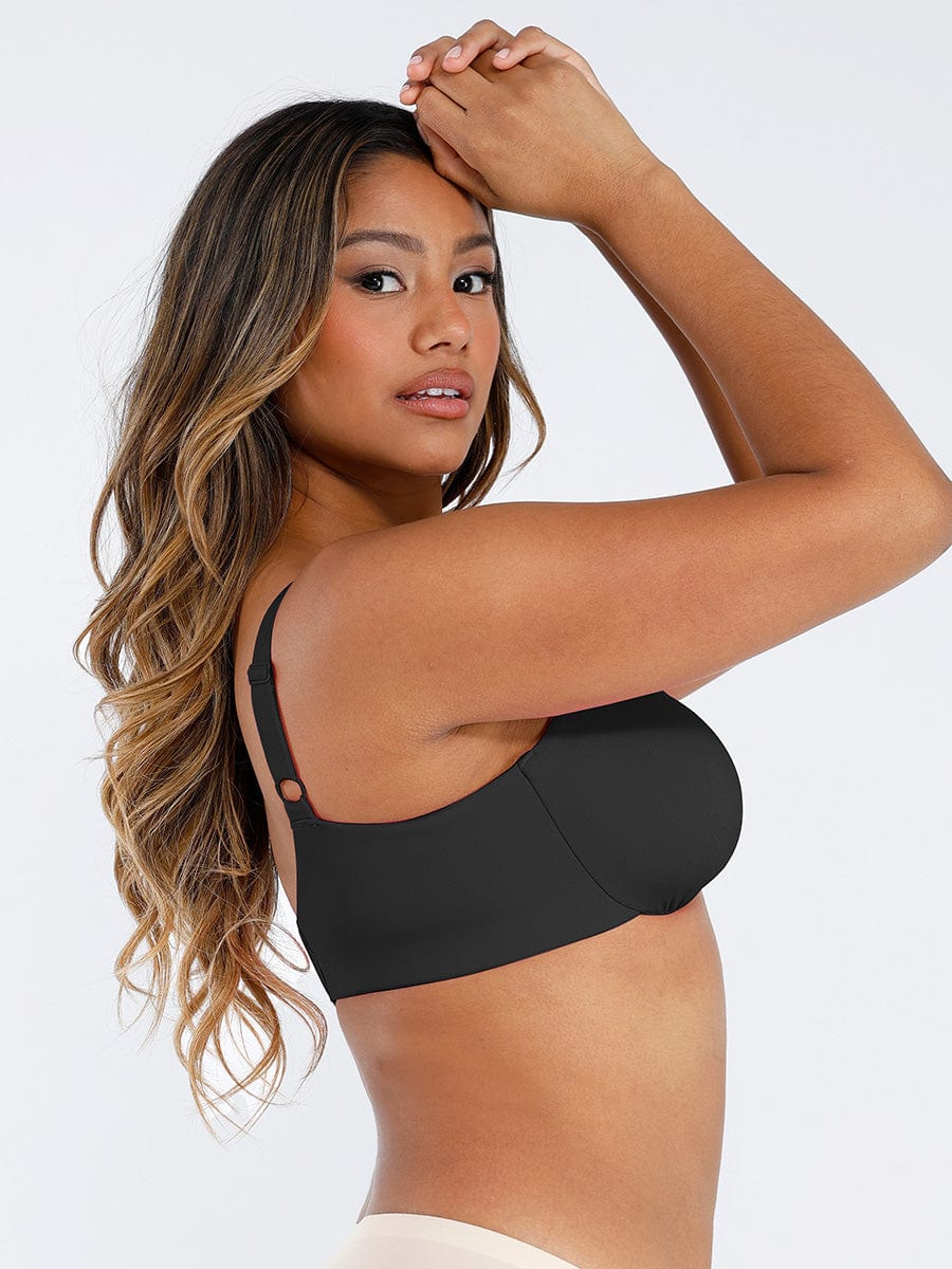 Unpadded Underwire Deep V-Neck Side Support Bra Black 1