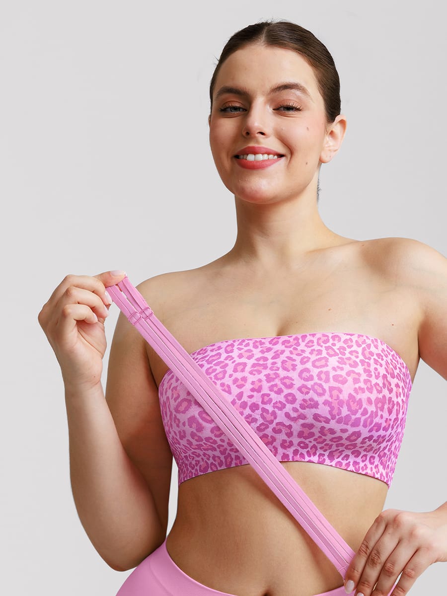 Strapless Anti-Slip Bandeau Bra Leopard Pink 5