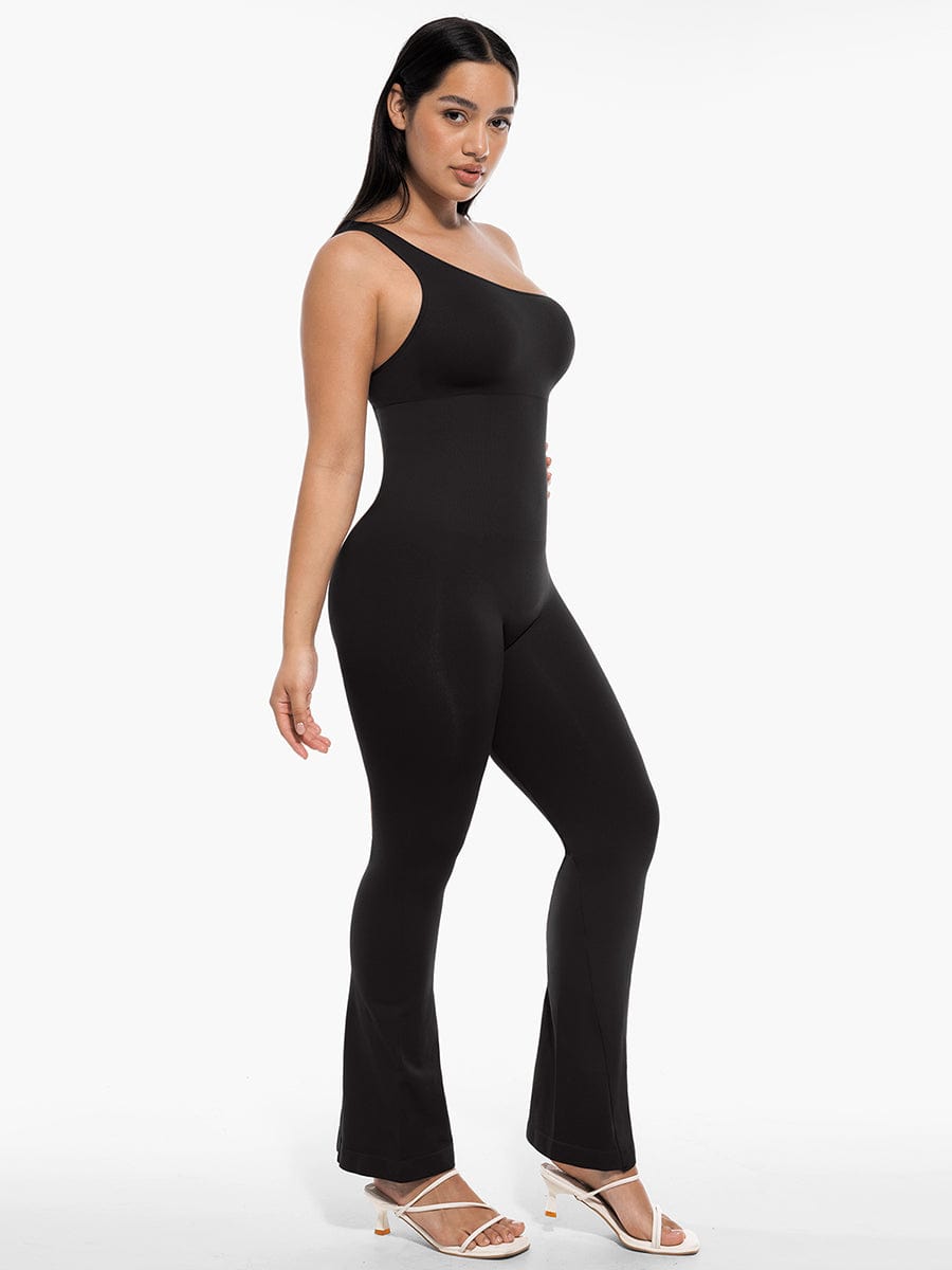 Seamless Sloped Shoulder Flared Leg Jumpsuit Black 3