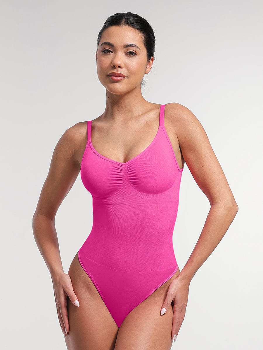 Seamless Bra-Free Cami Tummy Control Thong Bodysuit Dark Pink 4