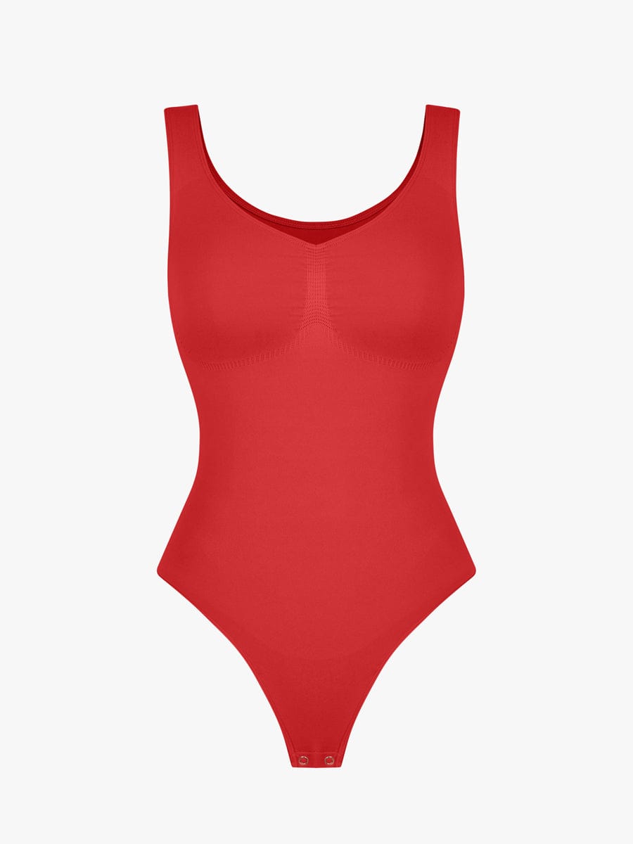 Diamond Neckline Thong Bodysuit Red 2