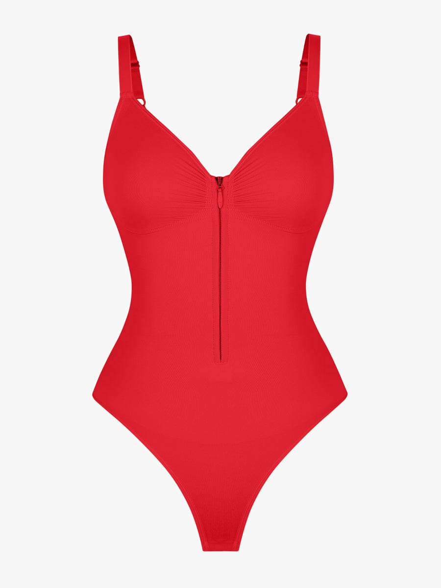 Seamless Plunge Chest Support Bodysuit Red 1