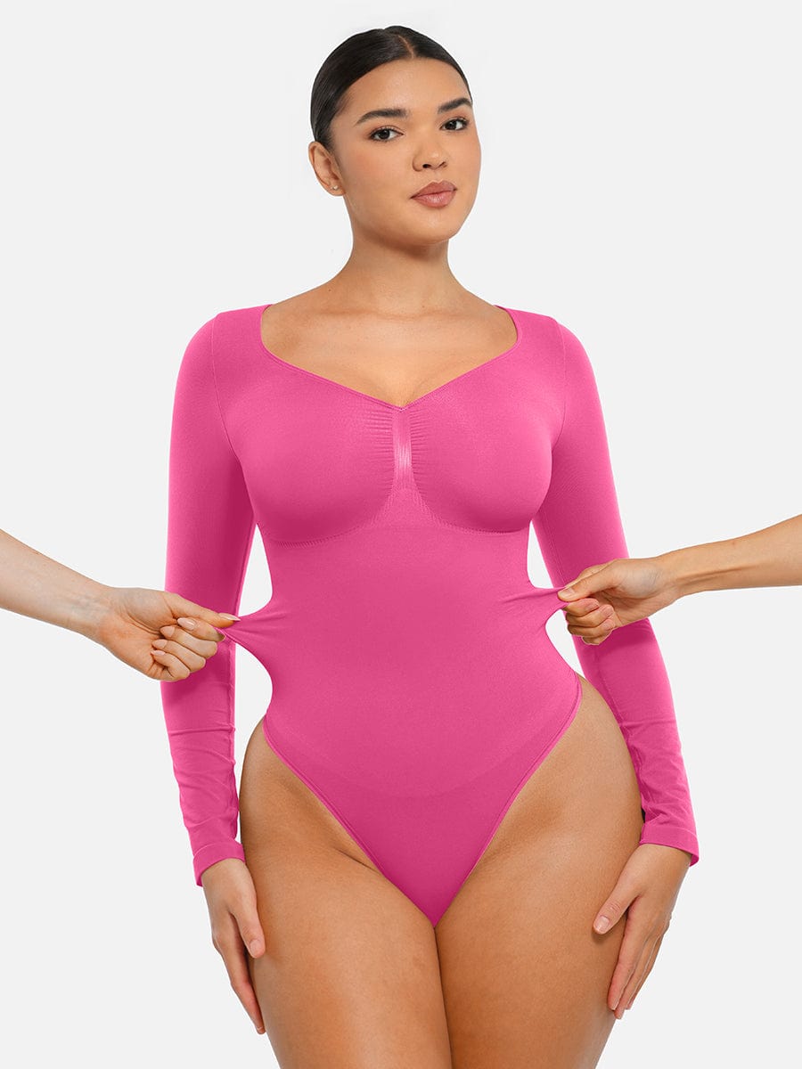 Seamless Long Sleeve Diamond Neck Thong Bodysuit Dark Blue 3